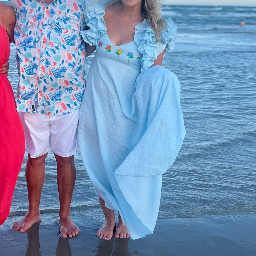 Fanm Mon Light Blue Maxi Dress with Floral Embroidery
